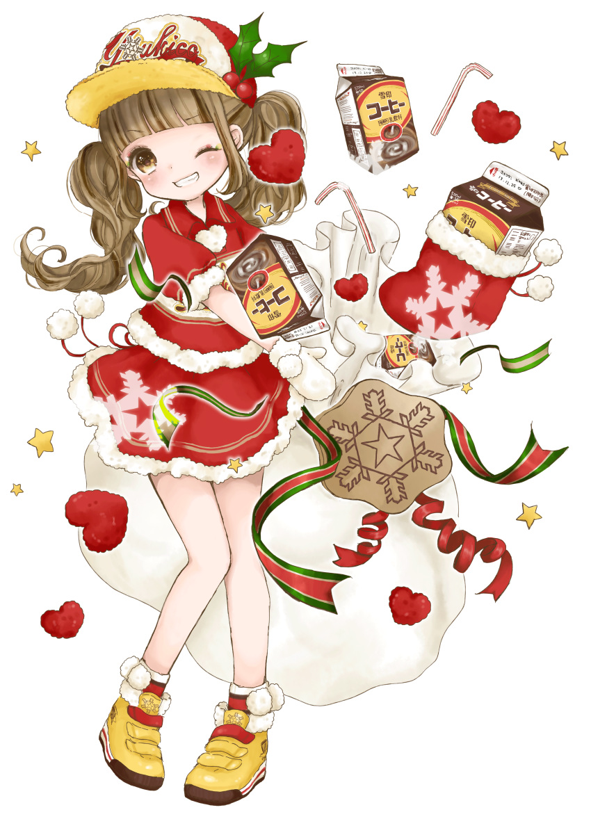;d absurdres bangs baseball_cap blunt_bangs christmas drinking_straw full_body fur_trim hat heart highres milk_carton mittens mnmktn official_art one_eye_closed open_mouth pom_pom_(clothes) red_shirt red_skirt ribbon sack santa_costume shirt shoes short_sleeves skirt smile sneakers solo star sweet_jet_yukico-tan thighhighs transparent_background twintails yellow_eyes yukico-tan yukijirushi