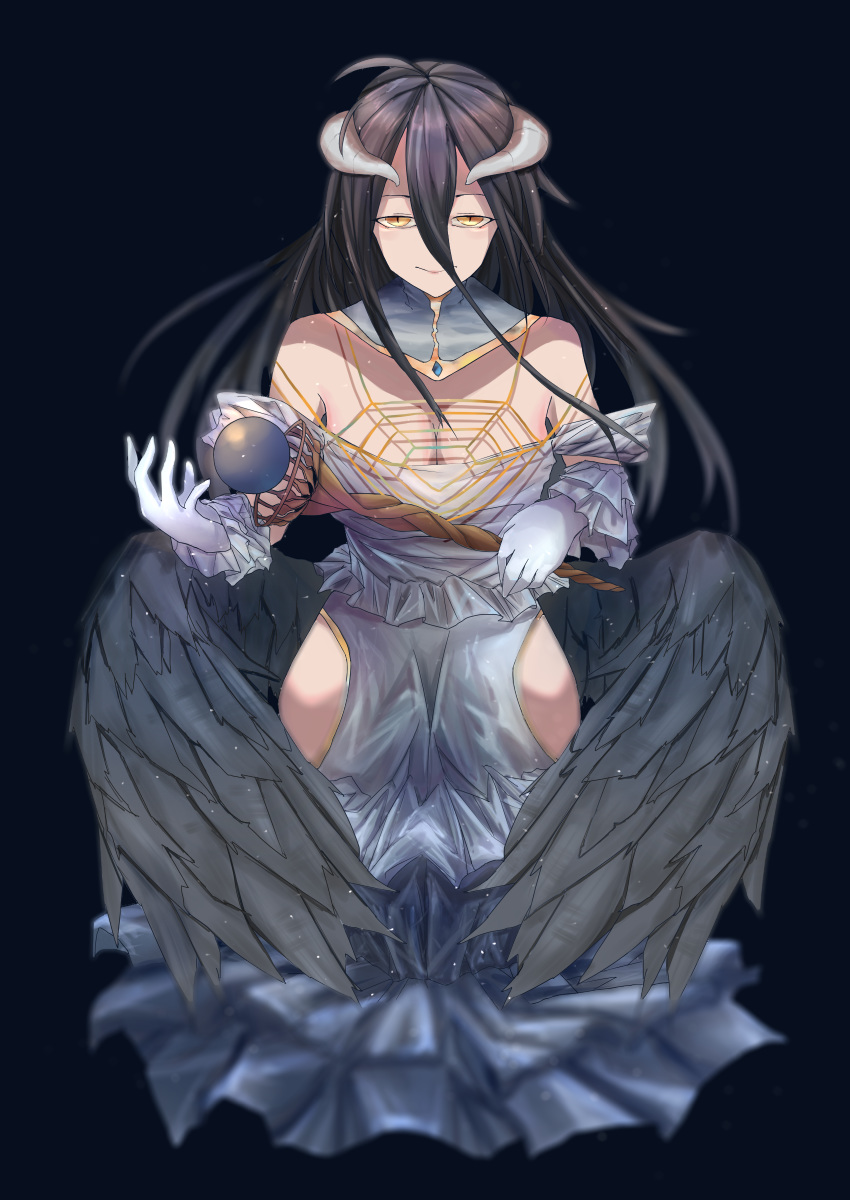 absurdres albedo black_hair black_wings breasts demon_girl demon_horns demon_wings diefishsoup dress gloves hair_between_eyes highres horns large_breasts overlord_(maruyama) smile white_dress white_gloves wings yellow_eyes