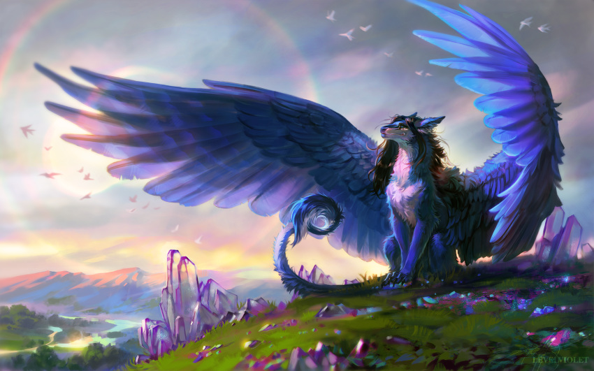 2018 black_hair blue_feathers day detailed_background dragon feathered_dragon feathered_wings feathers feral fur furred_dragon grass hair levelviolet outside sitting sky solo wings