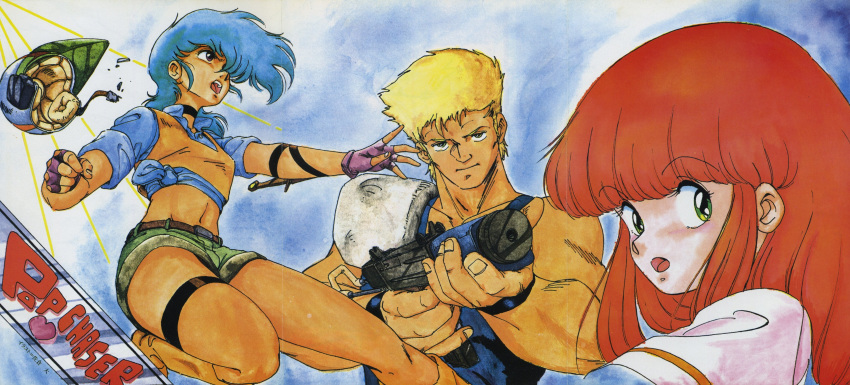 2girls 80s :o absurdres arm_strap blonde_hair blue_background blue_hair boots choker clenched_hand copyright_name cream_lemon eyebrows_visible_through_hair fingerless_gloves gloves green_eyes gun hair_over_one_eye headwear_removed helmet helmet_removed highres holding holding_gun holding_weapon long_hair looking_at_viewer midriff multiple_girls navel official_art oldschool open_mouth pop_chaser red_hair scan shirt short_hair short_sleeves shorts shoulder_pads thigh_strap tied_shirt traditional_media watercolor_(medium) weapon