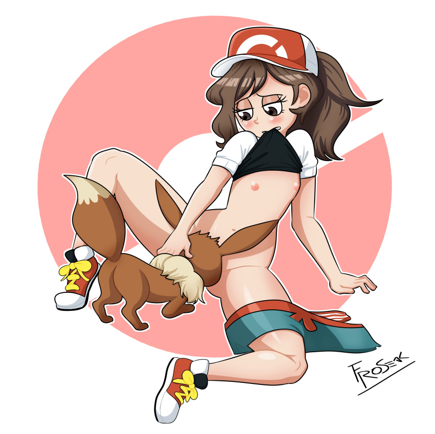 2018 ambiguous_gender bestiality breasts brown_fur brown_hair butt clothed clothing cunnilingus digital_media_(artwork) duo eevee female female/ambiguous feral flat_chested froseak fur hair hat human human_focus human_on_feral interspecies mammal neck_tuft nintendo nipples oral partially_clothed pok&eacute;mon pok&eacute;mon_(species) pok&eacute;philia sex simple_background tuft vaginal video_games