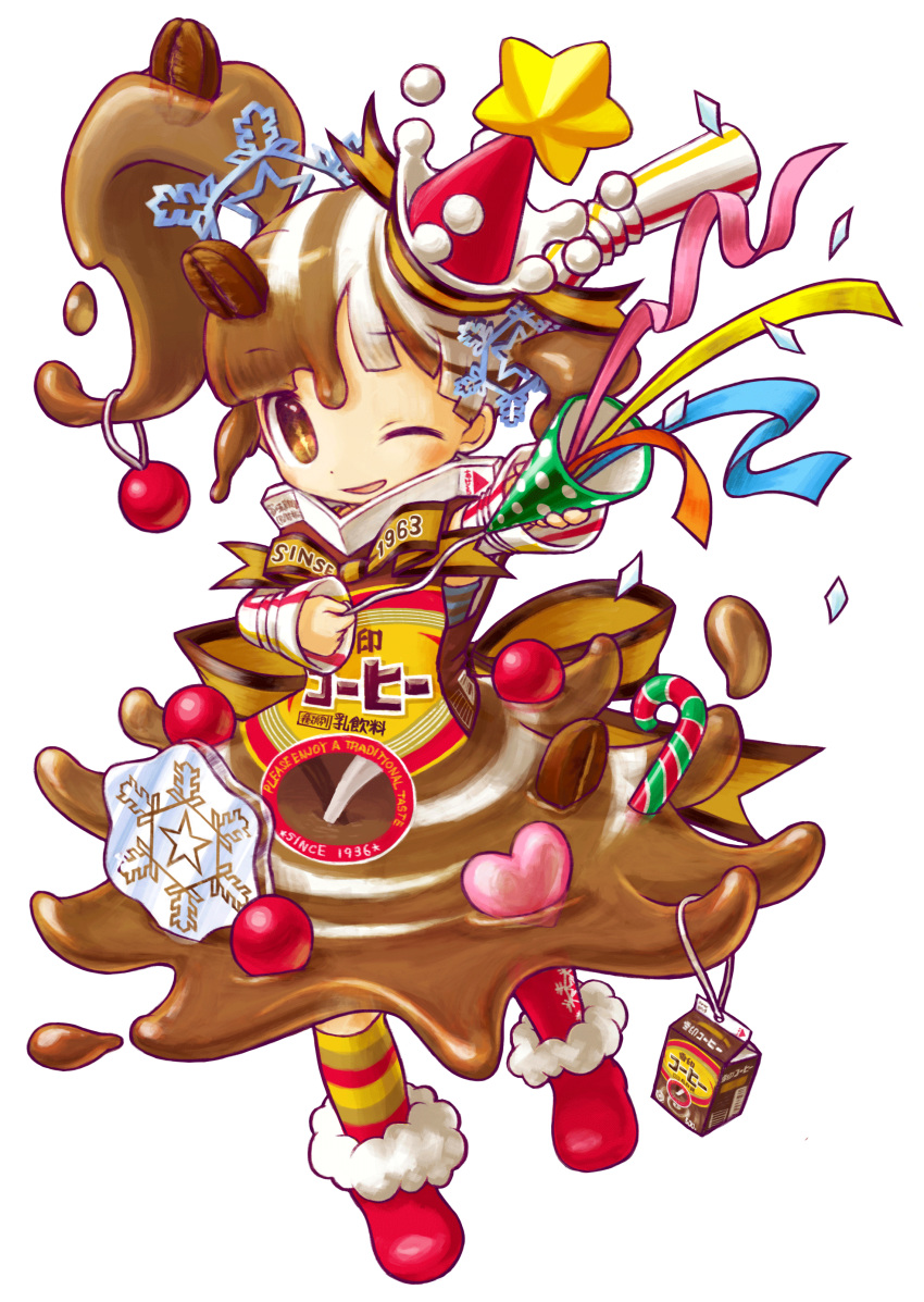 absurdres bangs boots brown_eyes brown_hair candy candy_cane coffee coffee_beans confetti food full_body hair_ornament hat heart highres liquid liquid_clothes long_hair mascot milcrown_yukico-tan mismatched_legwear multicolored_hair official_art one_eye_closed ornament party_hat party_popper ponytail red_footwear side_ponytail smile snowflake_hair_ornament snowflakes solo symbol-shaped_pupils transparent_background two-tone_hair umiheki white_hair yukico-tan yukijirushi