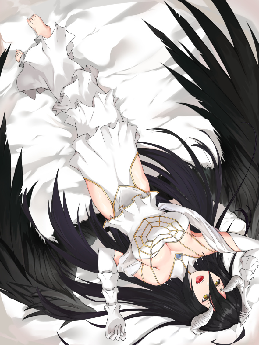 albedo black_hair black_wings breasts demon_girl demon_horns demon_wings dndeh317 dress elbow_gloves feathered_wings feathers feet gloves hair_between_eyes highres horns large_breasts long_hair lying open_mouth overlord_(maruyama) thighhighs thighs wings yellow_eyes