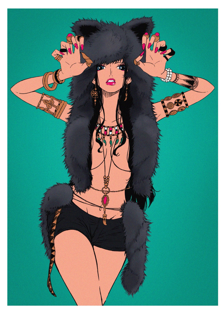 armlet black_hair black_shorts blue_background blue_eyes border bracelet breasts claw_pose claw_ring claws cowboy_shot earrings eyeshadow fingernails highres jewelry large_breasts lips lipstick long_fingernails long_hair makeup nail_polish navel necklace nico_robin one_piece pearl_bracelet pelt purple_eyeshadow purple_nails ring sherumaru_(korcht06) short_shorts shorts solo teeth white_border wolf_pelt
