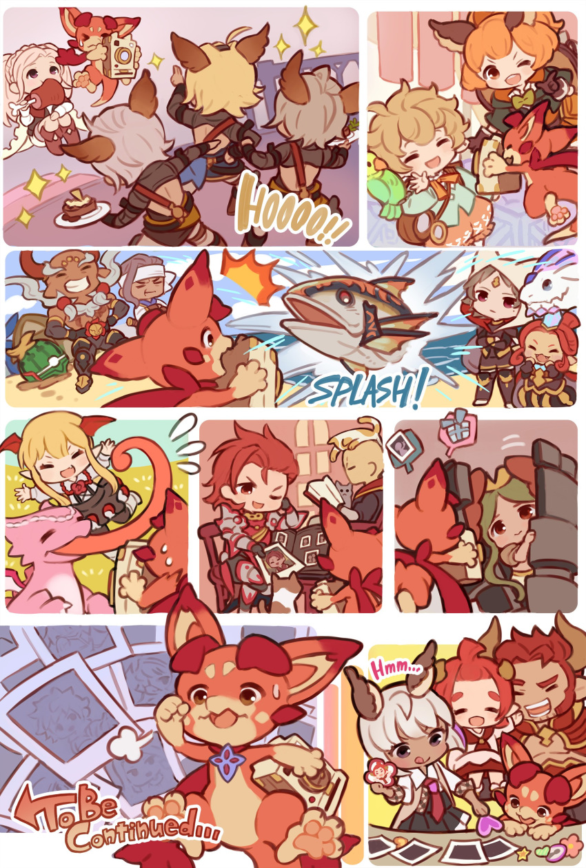 agielba amira_(shingeki_no_bahamut) ardora beth_(shingeki_no_bahamut) bird blonde_hair blue_eyes brown_hair cape chloe_(granblue_fantasy) closed_eyes commentary_request dante_(granblue_fantasy) dark_skin dragon draph eating elsam_(granblue_fantasy) english erune fish food fruit funf ghandagoza gran_(granblue_fantasy) granblue_fantasy green_hair hair_slicked_back harvin highres karteira kattakuri_(granblue_fantasy) lowain_(granblue_fantasy) lyria_(granblue_fantasy) multicolored_hair official_art one_eye_closed orange_hair parrot percival_(granblue_fantasy) polaroid purple_eyes purple_hair red_eyes red_hair sand sierokarte six_(granblue_fantasy) sparkle sweat tomoi_(granblue_fantasy) tongue tongue_out two-tone_hair vampire vampy vee_(granblue_fantasy) watermelon white_hair