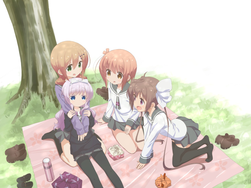 4girls anno_masato blue_eyes brown_eyes brown_hair eyebrows_visible_through_hair grass green_eyes hair_ornament hair_ribbon hairclip hand_on_another's_shoulder highres ichinose_hana kneeling light_brown_hair momochi_tamate multiple_girls obentou open_mouth pantyhose picnic purple_eyes purple_hair ribbon school_uniform sengoku_kamuri shoes shoes_removed sitting skirt slow_start smile sweater thermos tokura_eiko tree wariza