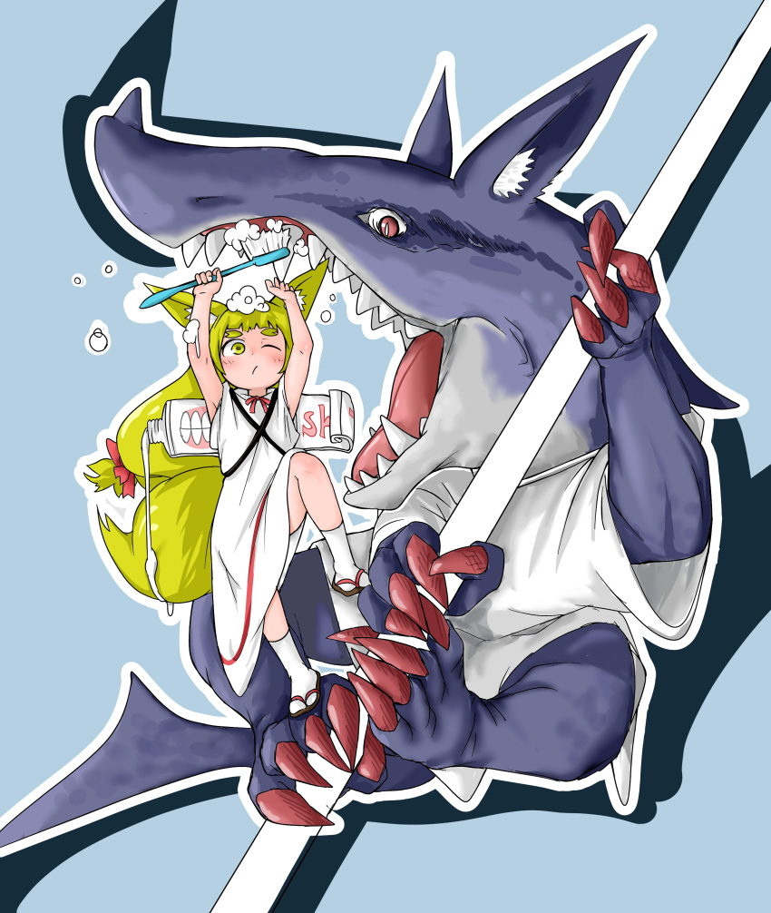 absurdres animal_ears bangs blue_background blunt_bangs brushing_another's_teeth bubble claws closed_mouth commentary concentrating doitsuken dress fox_child_(doitsuken) fox_ears fox_tail hands_up highres holding knee_up long_hair low-tied_long_hair monster neck_ribbon one_eye_closed open_mouth original outline red_neckwear red_ribbon revision ribbon sandals short_sleeves simple_background slit_pupils tabi tail thick_eyebrows toothbrush toothpick very_long_hair white_dress white_legwear white_outline yellow_eyes