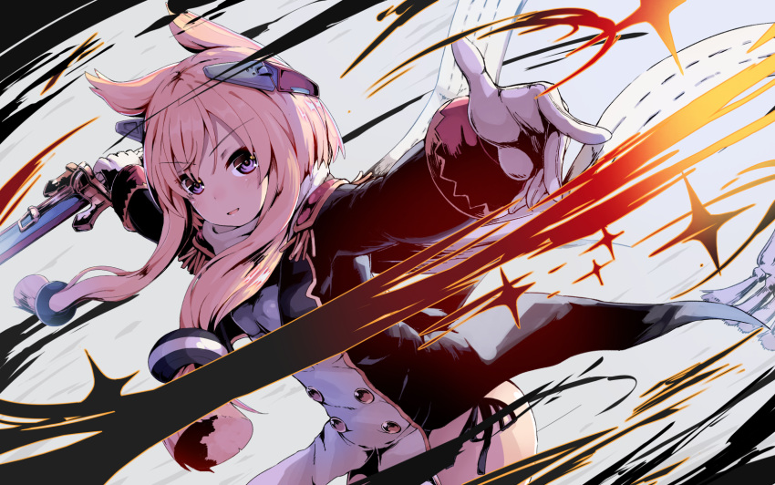 animal_ears azur_lane bangs blonde_hair commentary_request epaulettes eyebrows_visible_through_hair gloves headgear highres holding holding_sword holding_weapon jacket long_hair long_sleeves looking_at_viewer military military_uniform neme1228 no_pants open_mouth panties purple_eyes scarf side-tie_panties sidelocks solo sword underwear uniform warspite_(azur_lane) weapon white_gloves