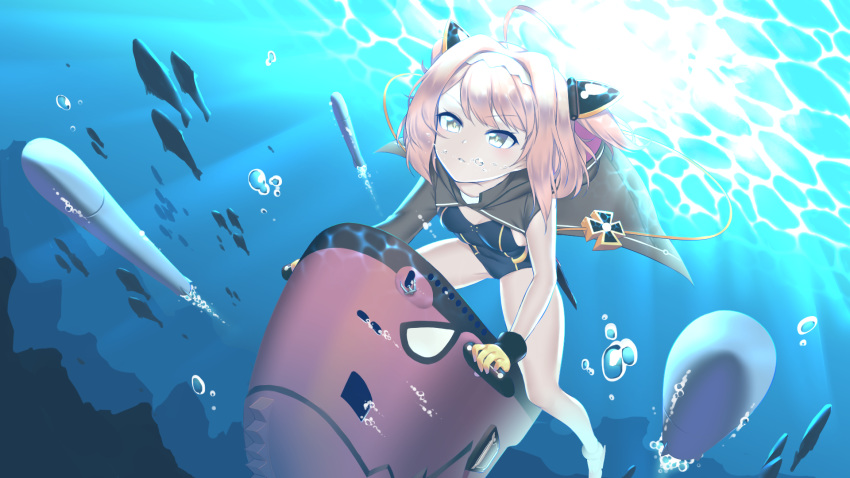 ahoge air_bubble all_fours anchor animal_ears artist_request asymmetrical_sleeves azur_lane bangs bare_legs black_swimsuit blush breasts bubble caustics closed_mouth competition_swimsuit covered_navel day dutch_angle eyebrows_visible_through_hair fake_animal_ears firing fish from_below full_body gloves grey_jacket groin_tendon hairband headband headgear highres hood hood_down hooded_jacket iron_cross jacket leaning_forward legs legs_apart light_rays long_sleeves medium_hair ocean one-piece_swimsuit open_clothes open_jacket outdoors pink_hair riding short_sleeves silhouette small_breasts solo submarine submerged sunbeam sunlight swimsuit thighs torpedo two_side_up u-81_(azur_lane) underwater v-shaped_eyebrows water watercraft yellow_eyes yellow_gloves