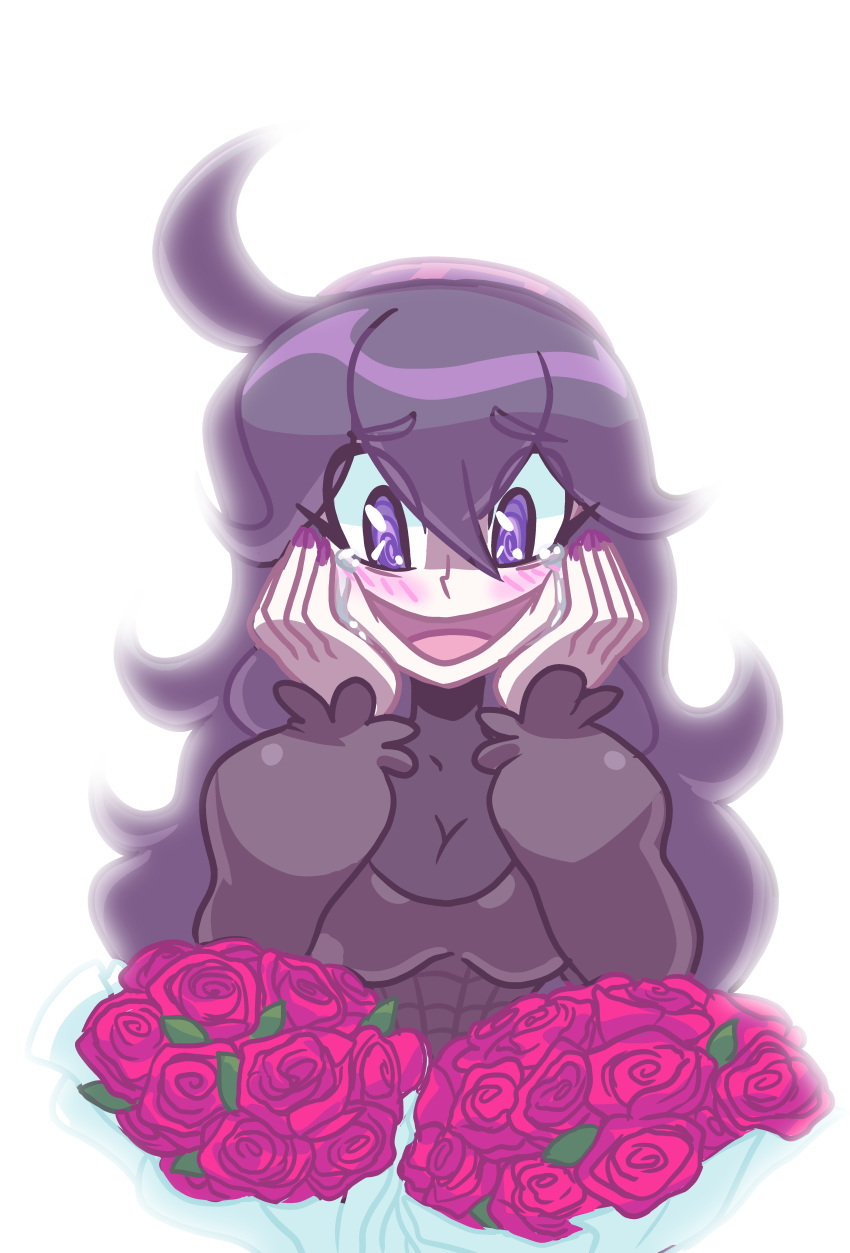 1girl @_@ ahoge al_bhed_eyes blush eyebrows_visible_through_hair flower hairband hands_on_own_cheeks hex_maniac_(pokemon) nail_polish nevarky pokemon pokemon_(game) pokemon_xy purple_eyes purple_hair simple_background smile solo tears white_background