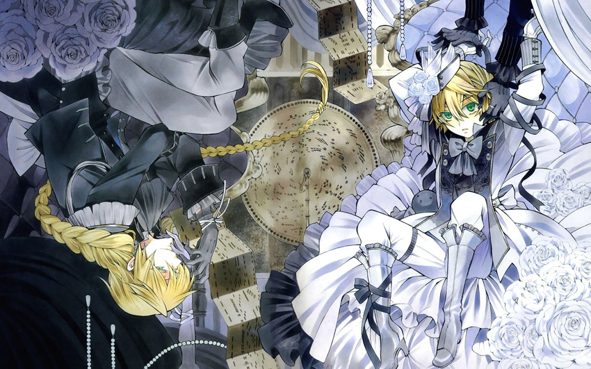 blonde_hair boots braid flower formal gloves green_eyes hat highres jack_vessalius male_focus mochizuki_jun multiple_boys official_art oz_vessalius pandora_hearts rose trench_coat wallpaper