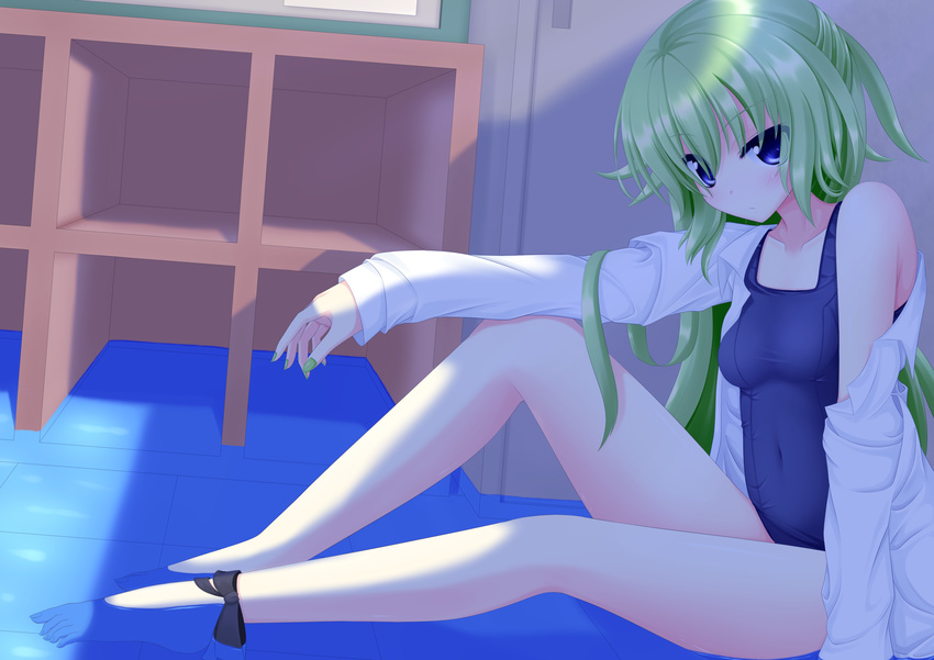 absurdres barefoot blue_eyes green_hair green_nails highres long_hair nail_polish no_pants one-piece_swimsuit open_clothes open_shirt original school_swimsuit shirt solo submerged swimsuit swimsuit_under_clothes water yoye_(pastel_white)