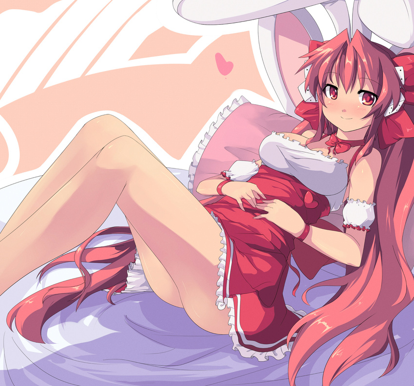 animal_ears bed bunny_ears di_gi_charat highres legs pillow pink_hair saiste sitting smile solo usada_hikaru