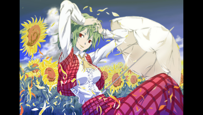 arms_up ascot blouse cloud field flower flower_field fuuruidou green_hair hands_on_own_head head_tilt highres kazami_yuuka nature petals pillarboxed plaid plaid_skirt plaid_vest red_eyes short_hair skirt skirt_set smile solo sunflower touhou umbrella vest