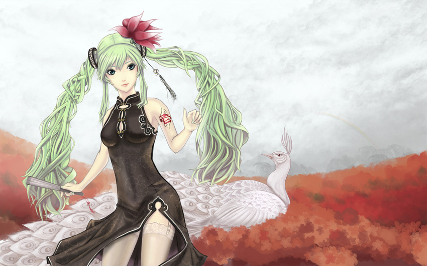 bird china_dress chinese_clothes closed_fan cloud day dress drill_hair fan field fisheye flower flower_field folding_fan garter_straps green_eyes green_hair hair_flower hair_ornament hatsune_miku highres lips long_hair peacock rakuhei solo thighhighs twintails vocaloid