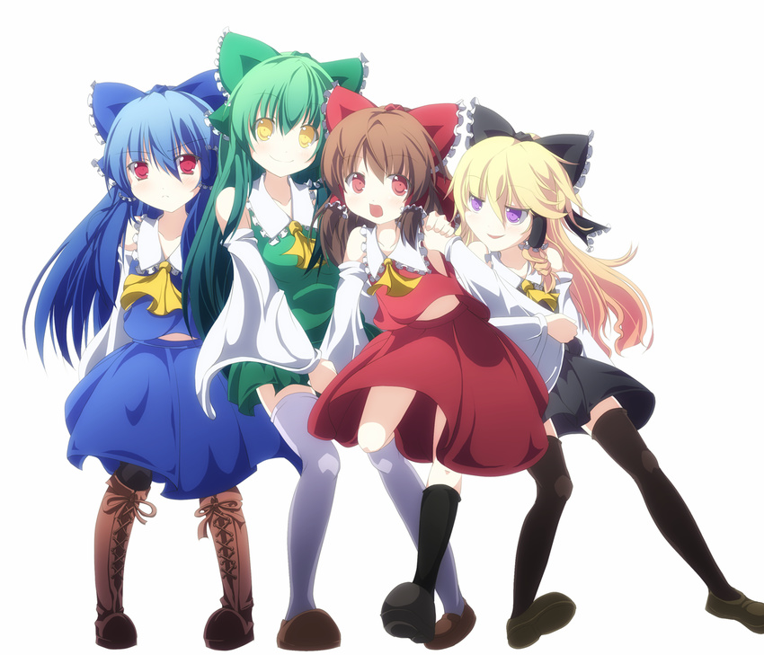 alternate_color alternate_eye_color blonde_hair blue_hair boots bow brown_hair cosplay cross-laced_footwear detached_sleeves green_hair hair_bow hair_tubes hakurei_reimu hakurei_reimu_(cosplay) hinanawi_tenshi jitome kirisame_marisa kneehighs kochiya_sanae lace-up_boots long_hair multiple_girls niyadepa purple_eyes red_eyes smile socks thighhighs touhou white_sleeves yellow_eyes