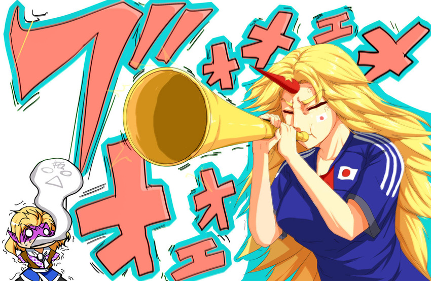 2girls bad_id bad_pixiv_id blonde_hair breasts giving_up_the_ghost horn horn_(instrument) hoshiguma_yuugi large_breasts long_hair mizuhashi_parsee multiple_girls pointy_ears ryuushou short_hair soccer soccer_uniform sportswear touhou vuvuzela world_cup