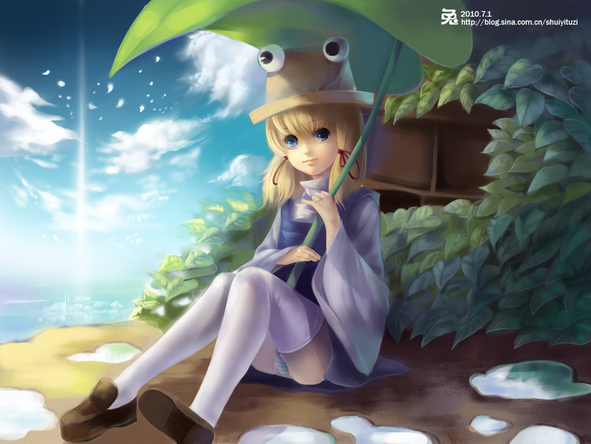 bad_id bad_pixiv_id blonde_hair blue_eyes eyes hair_ribbon hat leaf leaf_umbrella lips moriya_suwako panties pantyshot pantyshot_(sitting) puddle ribbon short_hair shuiyituzi sitting solo thighhighs touhou underwear