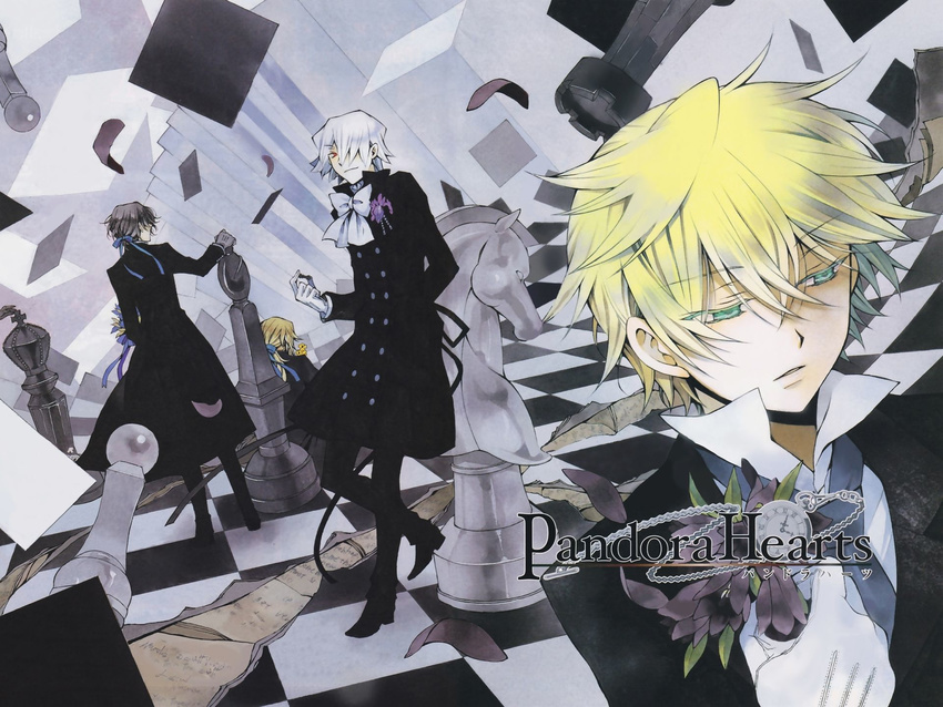 black_hair blonde_hair board_game chess flower formal gilbert_nightray gloves hair_over_one_eye highres male_focus mochizuki_jun multiple_boys official_art oz_vessalius pandora_hearts ponytail red_eyes silver_hair trench_coat vincent_nightray xerxes_break yellow_eyes