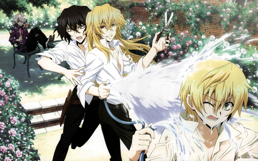 black_hair blonde_hair boots chair cup drinking_glass emily_(pandora_hearts) flower formal garden gilbert_nightray green_eyes hair_over_one_eye highres male_focus multiple_boys official_art oz_vessalius pandora_hearts red_eyes shears shirt silver_hair sitting smile vincent_nightray water wine_glass xerxes_break yellow_eyes