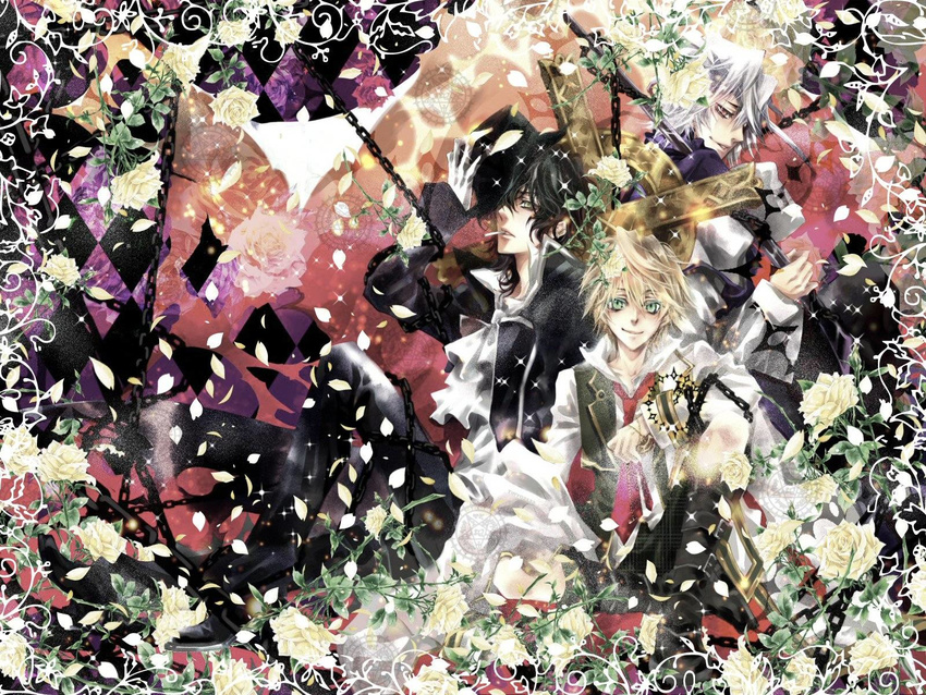 black_hair blonde_hair boots chain flower formal gilbert_nightray gloves green_eyes hair_over_one_eye hat highres lee_sun_young male_focus multiple_boys oz_vessalius pandora_hearts red_eyes rose silver_hair smile trench_coat weapon xerxes_break yellow_eyes