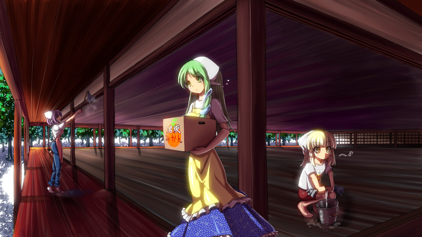 alternate_costume apron blonde_hair box bucket carrying cleaning duster gloves green_hair head_scarf highres kochiya_sanae long_hair mikan_box moriya_suwako multiple_girls musical_note purple_hair shirt squatting t-shirt touhou umigarasu_(kitsune1963) veranda wooden_beam wooden_floor yasaka_kanako