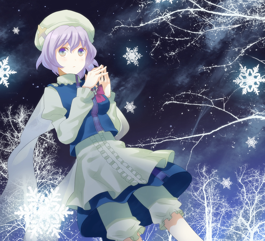 bare_tree dutch_angle from_below garigarigari gradient_eyes hat highres lavender_hair letty_whiterock long_sleeves multicolored multicolored_eyes short_hair snowflakes solo steepled_fingers touhou tree turtleneck winter