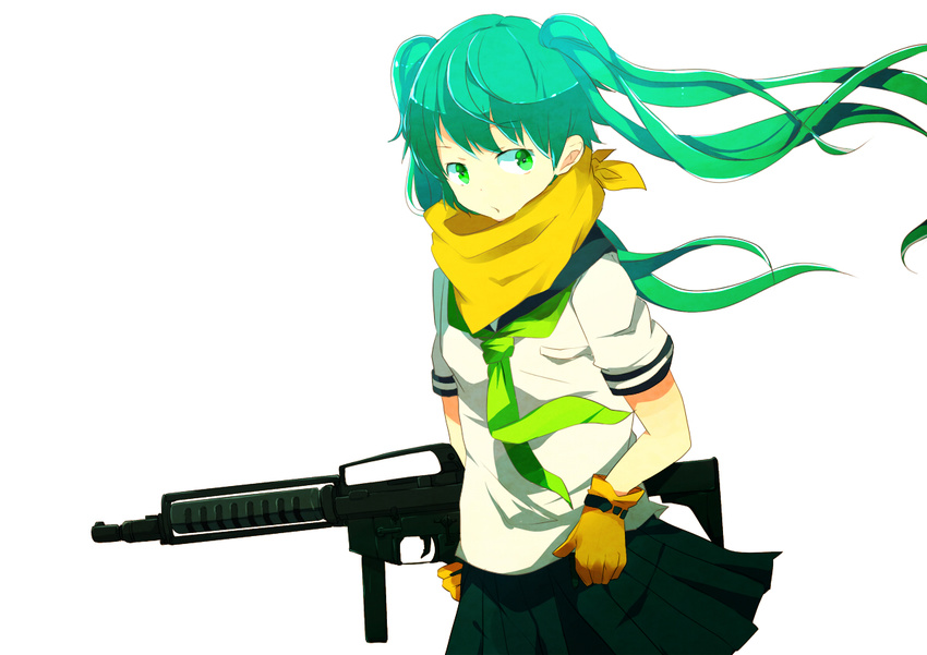 aqua_hair assault_rifle bad_id bad_pixiv_id bandana gloves green_eyes gun hatsune_miku long_hair pun2 rifle ro635 school_uniform serafuku skirt solo twintails vocaloid weapon