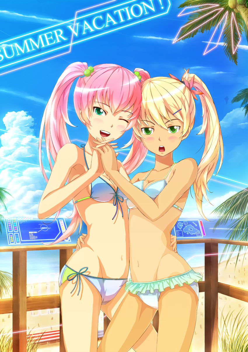 absurdres bad_id bad_pixiv_id beach bikini blonde_hair day green_eyes highres holding_hands kazeno multiple_girls original pink_hair swimsuit twintails