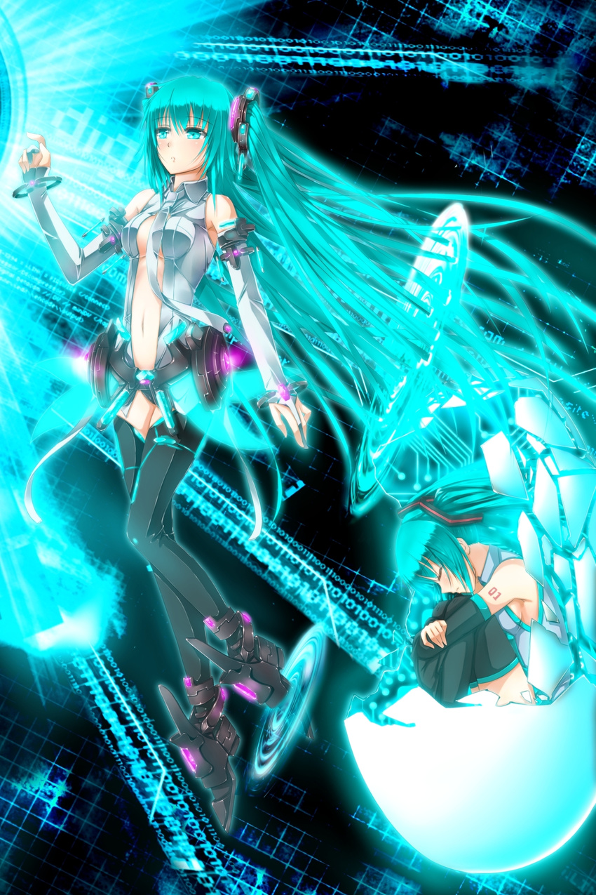 absurdres aqua_eyes aqua_hair bad_id bad_pixiv_id binary boots bridal_gauntlets closed_eyes detached_sleeves dual_persona egg eggshell fetal_position hatsune_miku hatsune_miku_(append) highres leg_hug legs long_hair navel necktie skirt swordsouls thighhighs twintails very_long_hair vocaloid vocaloid_append