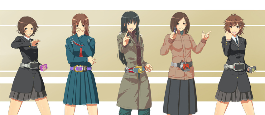 amagami ayatsuji_yukari belt highres itou_kanae_(amagami) jacket kamen_rider kamen_rider_agito kamen_rider_agito_(series) kamen_rider_blade_(series) kamen_rider_gai kamen_rider_leangle kamen_rider_ouja kamen_rider_ryuki_(series) kamen_rider_skull kamen_rider_w kurosawa_noriko makihara_mika multiple_girls parody pose school_uniform toki_(tokihakashi) yamaguchi_ayumi