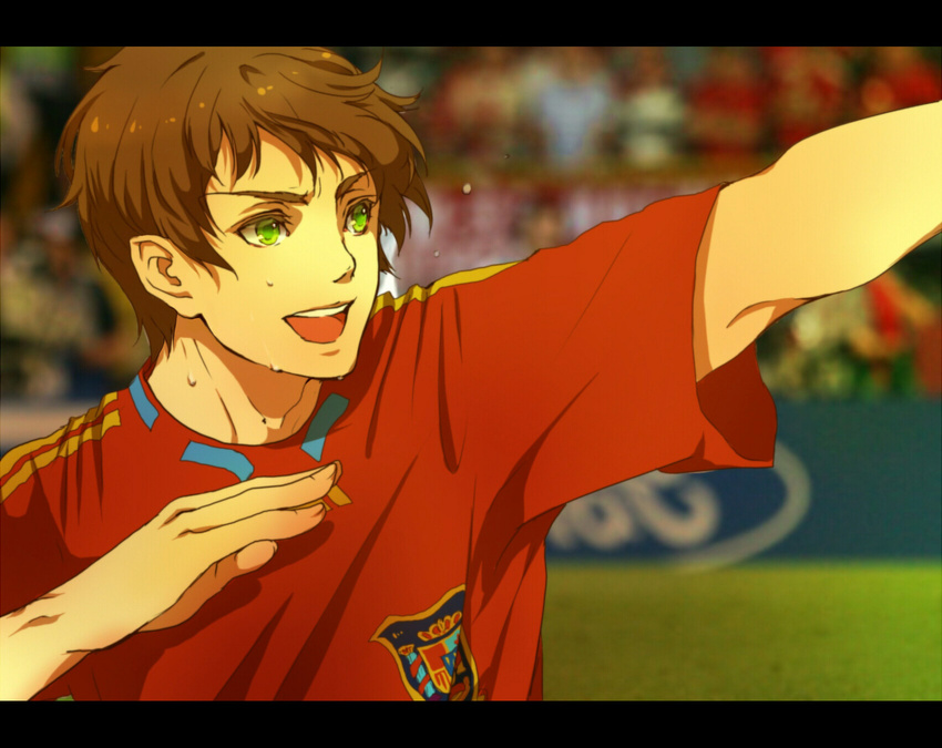 2010_fifa_world_cup archer_pose axis_powers_hetalia bad_id bad_pixiv_id brown_hair green_eyes hands highres male_focus senano-yu smile soccer solo spain_(hetalia) sportswear sweat tan world_cup