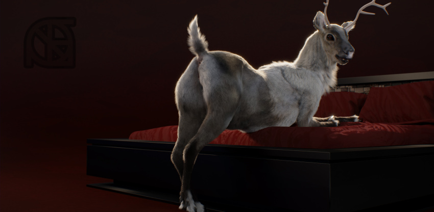 3d_(artwork) animal_genitalia anthro antlers anus bed black_nose butt capreoline cervid cosmiclife digital_media_(artwork) female feral fur hi_res hooves horn looking_at_viewer mammal open_mouth pinup pose presenting presenting_anus presenting_hindquarters presenting_pussy pussy raised_tail realistic reindeer semi-anthro sigr&uacute;n_(cosmiclife) solo