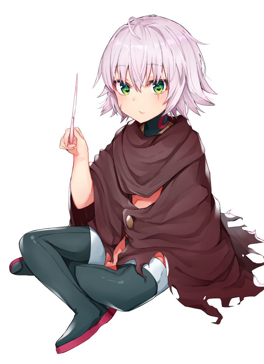 bangs black_cola black_footwear black_legwear blush boots brown_cloak cloak closed_mouth commentary crossed_legs eyebrows_visible_through_hair facial_scar fate/grand_order fate_(series) green_eyes hair_between_eyes hand_up highres holding jack_the_ripper_(fate/apocrypha) scar scar_across_eye scar_on_cheek short_hair silver_hair simple_background sitting solo thigh_boots thighhighs torn_cloak torn_clothes white_background