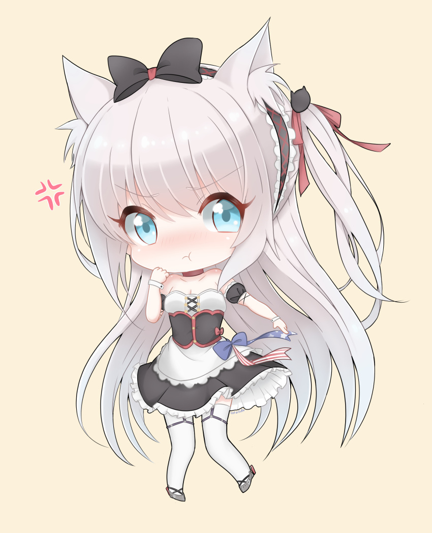 1girl :t american_flag american_flag_print animal_ear_fluff animal_ears apron azur_lane black_bow black_dress blue_eyes blush bow cat_ears cat_girl cat_hair_ornament chibi choker closed_mouth dress flag_print frilled_apron frills garter_straps hair_bow hair_ornament hammann_(azur_lane) highres looking_at_viewer one_side_up pout puffy_short_sleeves puffy_sleeves red_choker red_ribbon remodel_(azur_lane) ribbon short_sleeves silver_hair solo strapless strapless_dress thighhighs waist_apron white_apron wrist_cuffs