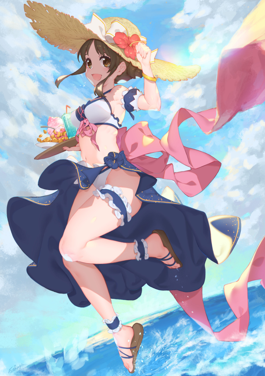 1girl :d amano_suzume ankle_cuffs arm_up armpits bangle bare_legs bikini blue_skirt blush bow bracelet breasts brown_eyes brown_hair cloud cloudy_sky commentary_request cup day detached_sleeves drink drinking_glass flower food frills hair_bun hat hat_bow hat_flower hibiscus highres holding holding_tray horizon ice ice_cream ice_cube jewelry jumping leg_garter long_hair medium_breasts navel ocean open_mouth outdoors pink_ribbon plate princess_connect!_re:dive puffy_short_sleeves puffy_sleeves revision ribbon sandals short_sleeves sidelocks signature skirt sky smile solo splashing spoon stomach straw_hat swimsuit tareme tray water waterring white_bikini white_bow