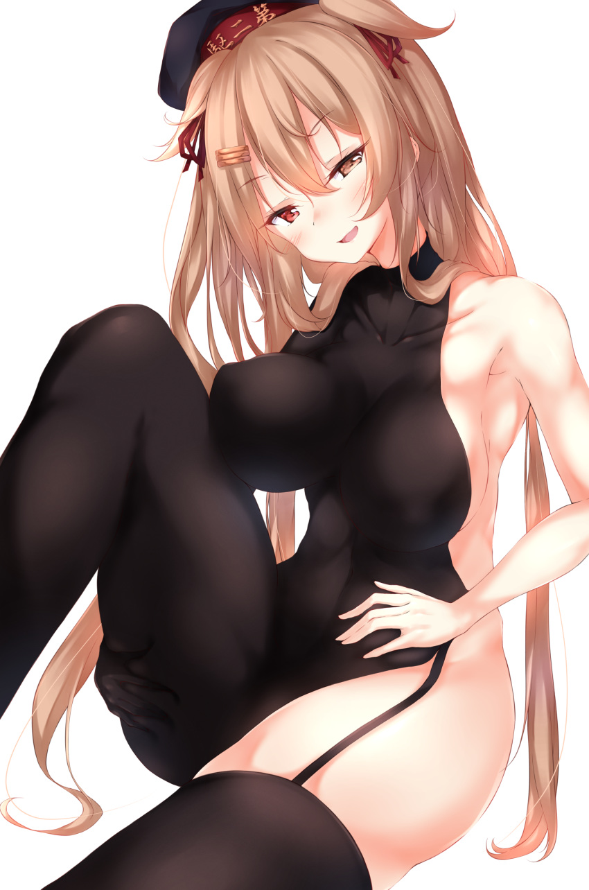 1girl absurdres asymmetrical_clothes blush breasts brown_eyes commentary_request eyebrows_visible_through_hair eyes_visible_through_hair hair_between_eyes hair_flaps hair_ornament hairclip hat heterochromia highres kantai_collection large_breasts light_brown_hair long_hair looking_at_viewer murasame_(kantai_collection) numpopo open_mouth red_eyes remodel_(kantai_collection) revision simple_background smile solo thighhighs twintails two_side_up white_background