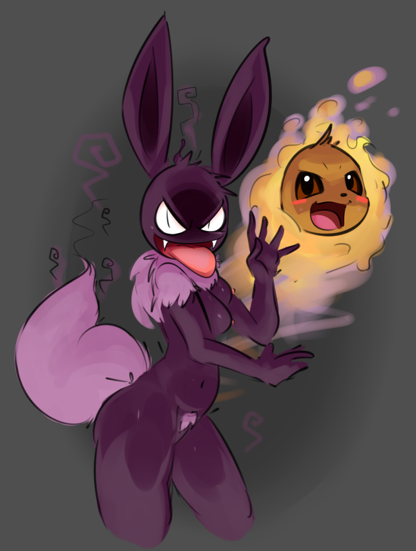 2018 ambiguous_gender anthro blush breasts brown_body brown_eyes duo eevee elpatrixf female fur gastly ghost hybrid looking_at_viewer navel nintendo nipples open_mouth pink_fur pok&eacute;mon pok&eacute;mon_(species) pok&eacute;mon_fusion purple_fur spirit standing tongue tongue_out video_games waddling_head