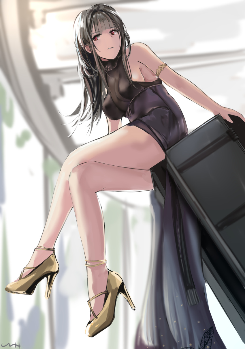 bare_shoulders black_dress black_hair chyt commentary dress dsr-50_(girls_frontline) girls_frontline highres legs long_hair looking_at_viewer parted_lips red_eyes short_dress sleeveless sleeveless_dress solo yellow_footwear