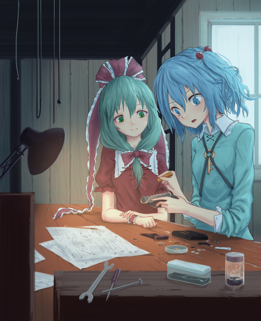 blue_dress blue_eyes blue_hair bow breasts camera commentary_request container desk_lamp dress frilled_ribbon frills green_eyes green_hair hair_between_eyes hair_bobbles hair_bow hair_ornament hair_ribbon head_tilt highres holding holding_camera holding_screwdriver indoors kagiyama_hina kawashiro_nitori key lamp long_hair looking_down multiple_girls nail no_hat no_headwear open_mouth paper puffy_short_sleeves puffy_sleeves red_bow red_dress red_ribbon ribbon roke_(taikodon) screwdriver short_hair short_sleeves small_breasts table touhou two_side_up wing_collar wrench wrist_cuffs