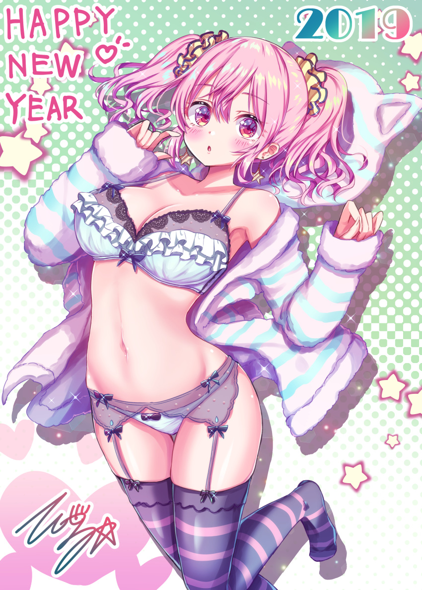 1girl 2019 :o absurdres animal_hood aqua_bra aqua_panties armpits bangs bare_shoulders black_legwear blush bra breasts cleavage collarbone commentary_request earrings frilled_bra frills garter_belt groin hair_between_eyes hair_ornament hair_scrunchie hands_up happy_new_year highres hood hoodie jewelry large_breasts leg_up lingerie long_hair long_sleeves looking_at_viewer navel new_year no_shoes original panties parted_lips pinching_sleeves pink_hair polka_dot polka_dot_background red_eyes revision scrunchie shadow sidelocks signature skindentation sleeves_past_wrists solo sparkle star star_earrings starry_background stomach strap_gap striped striped_legwear tenzeru thighhighs twintails underwear wavy_hair yellow_scrunchie