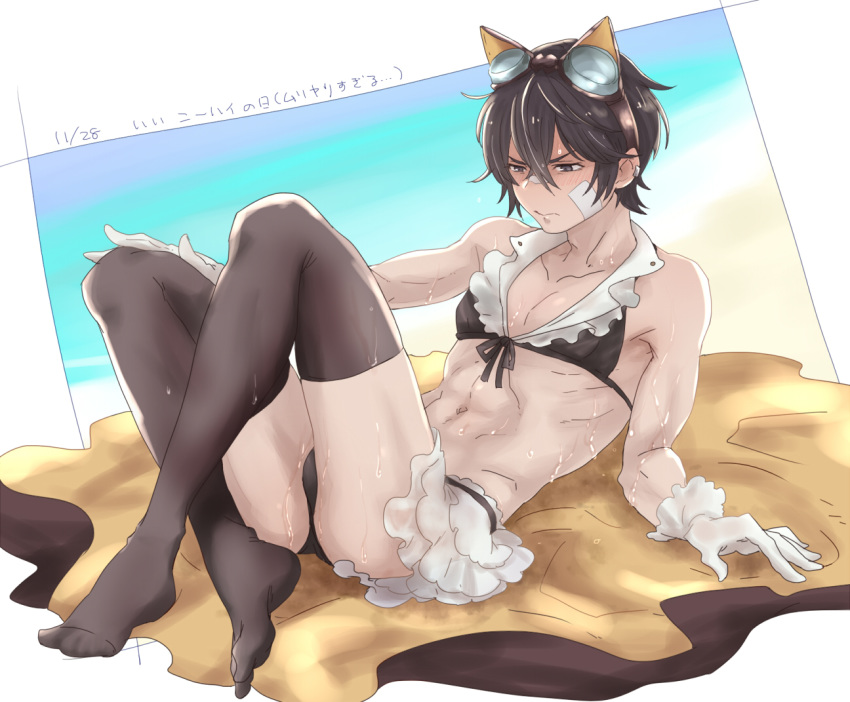 @@@ ayer bandage_on_face bandages bikini black_hair black_legwear blush cosplay crossdressing full_body goggles goggles_on_head granblue_fantasy jessica_(granblue_fantasy) jessica_(granblue_fantasy)_(cosplay) male_focus navel solo sweat swimsuit thighhighs