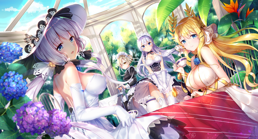 :d alcohol anniversary apron azur_lane bangs bare_shoulders belfast_(azur_lane) bell black_dress blonde_hair blue_eyes blue_flower blue_rose blue_sky blurry blurry_foreground braid breasts broken broken_chain brown_eyes chain chair champagne champagne_flute cleavage closed_mouth cloud commentary_request covered_nipples cup day depth_of_field dress drinking_glass dutch_angle elbow_gloves eyebrows_visible_through_hair floating_hair flower frilled_apron frills garter_straps gloves hair_between_eyes hair_ornament hair_over_one_eye hairclip hat highres holding holding_cup illustrious_(azur_lane) juliet_sleeves large_breasts laurel_crown light_brown_hair long_hair long_sleeves looking_at_viewer looking_back maid maid_headdress mole mole_under_eye multiple_girls open_mouth orange_flower outdoors panties puffy_sleeves purple_flower rose sheffield_(azur_lane) short_hair silver15 silver_hair sky sleeveless sleeveless_dress smile strapless strapless_dress table teacup teapot thighhighs translation_request tree underwear v-shaped_eyebrows very_long_hair victorious_(azur_lane) waist_apron white_apron white_dress white_gloves white_hat white_legwear white_panties