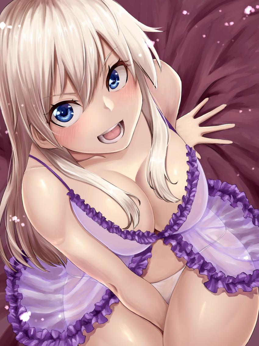 alternate_costume arm_support babydoll between_legs blonde_hair blush breasts cleavage commentary frills hair_between_eyes hand_between_legs hanna-justina_marseille highres hora_liar large_breasts legs_together lingerie looking_at_viewer open_mouth panties purple_babydoll round_teeth see-through shiny shiny_hair shiny_skin skindentation solo strike_witches teeth tongue underwear underwear_only white_panties world_witches_series