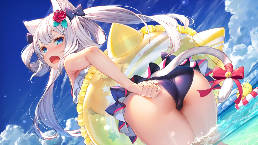 adjusting_clothes adjusting_swimsuit animal_ears ass azur_lane bangs bell bikini bikini_skirt bird blue_eyes blue_sky blush bow cat_ears cat_tail chick cloud commentary_request day dutch_angle eyebrows_visible_through_hair fang flower frilled_bikini frills from_behind hair_bow hair_flower hair_ornament hair_rings hammann_(azur_lane) horizon innertube izumi_sai jingle_bell leaning_forward lifebuoy long_hair looking_at_viewer looking_back ocean open_mouth outdoors ribbon sky solo standing star star_print swimsuit tail tail_bell tail_ribbon tan tanline twintails wading water white_hair