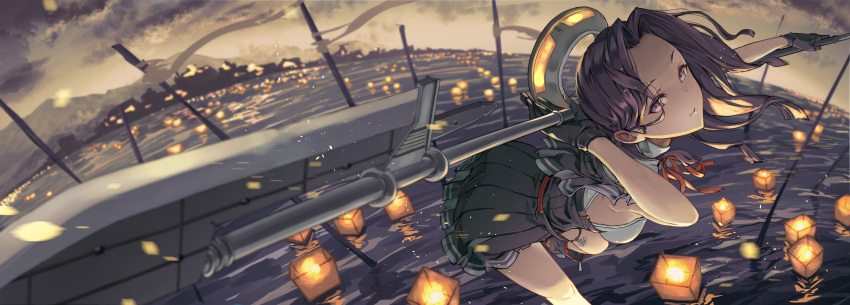 absurdres afloat_lantern arched_back breasts commentary_request fujita_(condor) glaive hair_intakes highres horizon kantai_collection lantern looking_at_viewer mechanical_halo medium_breasts mountain night paper_lantern purple_eyes purple_hair remodel_(kantai_collection) school_uniform short_hair skirt smile solo tatsuta_(kantai_collection) water