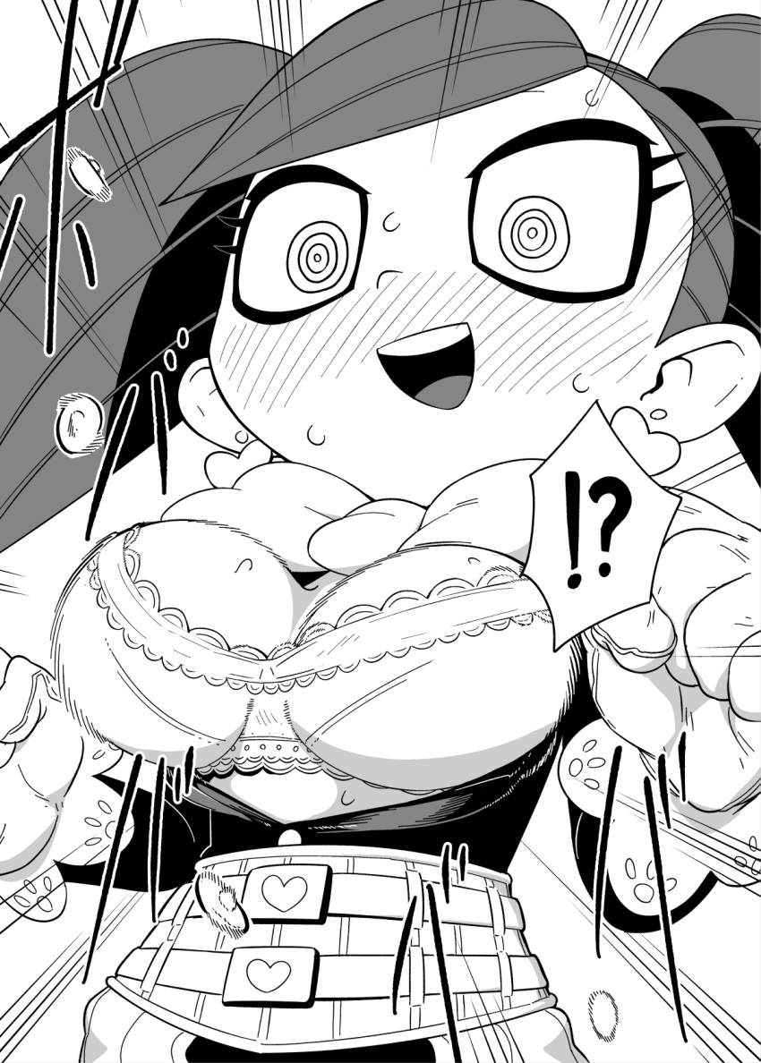 aiba_manami blush boku_no_hero_academia bow bowtie bra breasts bursting_breasts buttons commentary eyelashes gloves greyscale heart highres large_breasts makeup mascara monochrome o_den open_mouth smile surprised sweatdrop teeth twintails underwear upper_body upper_teeth wide-eyed