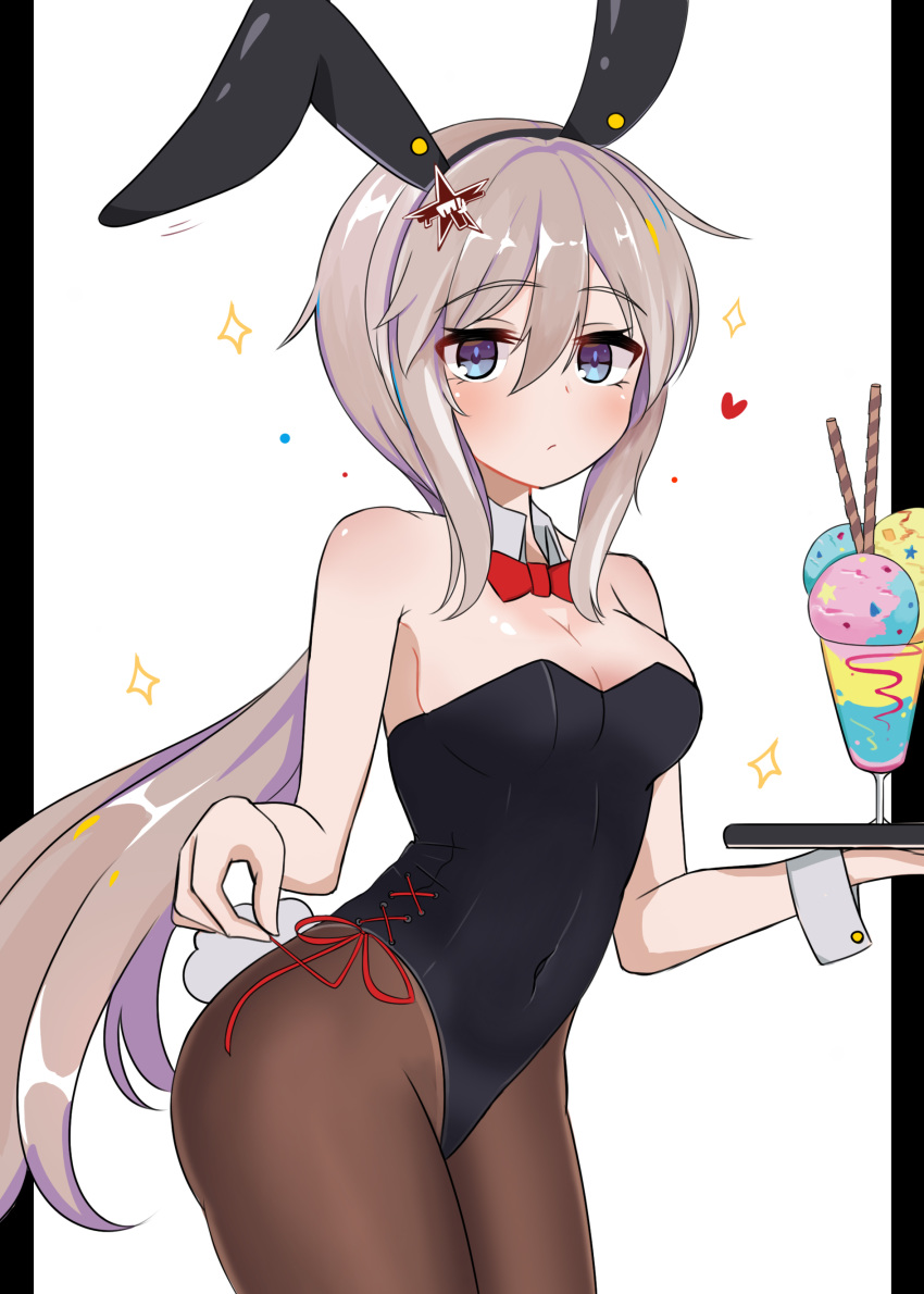 9a-91_(girls_frontline) absurdres animal_ears bare_shoulders black_hairband black_leotard blue_eyes blush body_blush breasts brown_legwear bunny_ears bunny_tail bunnysuit cleavage cowboy_shot detached_collar expressionless fake_animal_ears fake_tail finesoda food girls_frontline hair_ornament hairband heart highleg highleg_leotard highres holding holding_tray ice_cream leotard long_hair low_twintails medium_breasts motion_lines pantyhose pillarboxed red_neckwear red_ribbon ribbon side-tie_leotard sidelocks silver_hair simple_background sparkle star star_hair_ornament strapless strapless_leotard tail tray twintails untying very_long_hair white_background wrist_cuffs