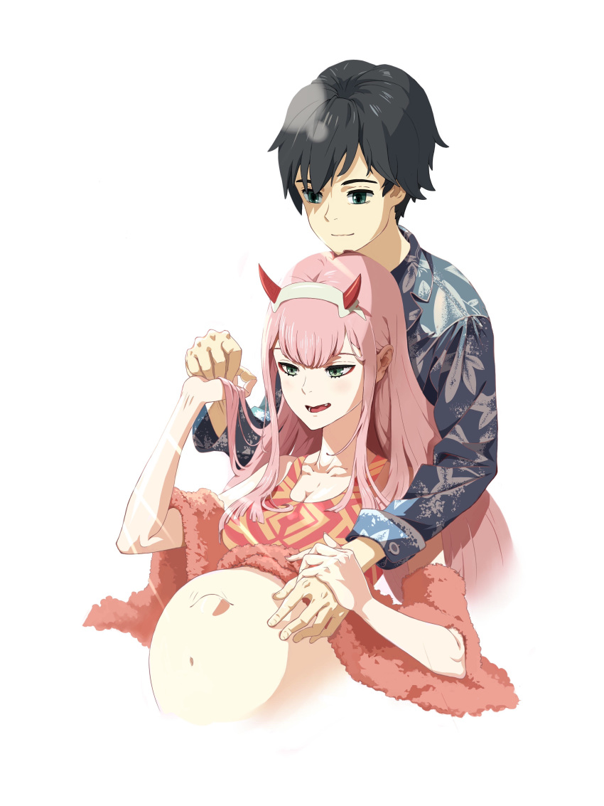 1girl absurdres bad_id bad_pixiv_id bangs black_hair blue_eyes breasts cleavage commentary couple darling_in_the_franxx fang fur_trim good_end green_eyes hair_ornament hairband hand_on_another's_stomach hawaiian_shirt hetero highres hiro_(darling_in_the_franxx) holding_hands horns hug if_they_mated long_hair long_sleeves navel oni_horns pink_hair pregnant red_horns shirt white_hairband zero_two_(darling_in_the_franxx) zzl