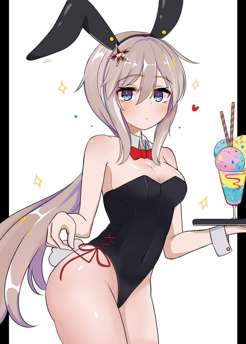 9a-91_(girls_frontline) absurdres animal_ears bare_shoulders black_hairband black_leotard blue_eyes blush body_blush breasts bunny_ears bunny_tail bunnysuit cleavage commentary_request cowboy_shot detached_collar expressionless fake_animal_ears fake_tail finesoda food girls_frontline hair_ornament hairband heart highleg highleg_leotard highres holding holding_tray ice_cream korean_commentary leotard long_hair low_twintails medium_breasts motion_lines pillarboxed red_neckwear red_ribbon ribbon side-tie_leotard sidelocks silver_hair simple_background sparkle star star_hair_ornament strapless strapless_leotard tail tray twintails untying very_long_hair white_background wrist_cuffs